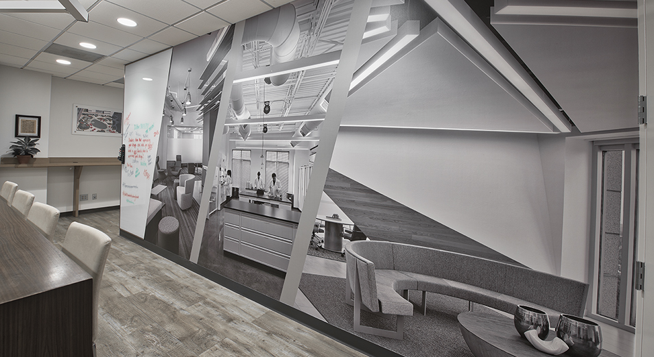 Unique custom wallpaper designed to fit the architecture of the room including a custom shaped dry erase board on the same wall