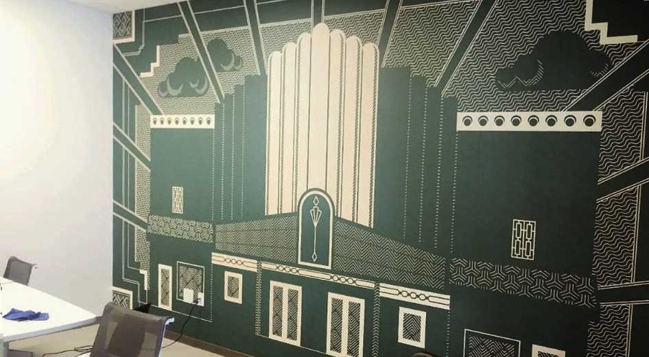 Branded and themed office wall mural at Pandora Headquarters