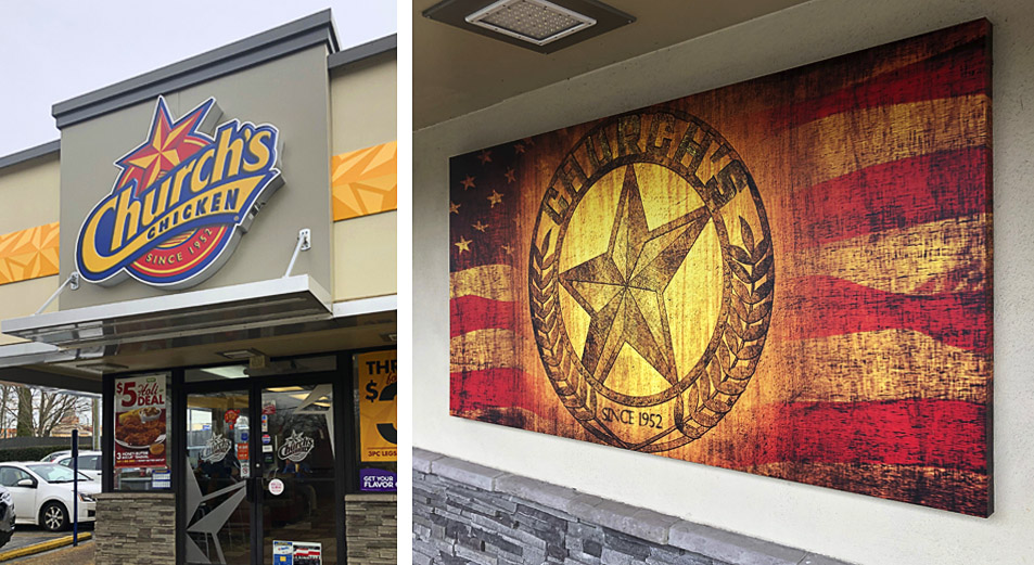 church's chicken window signage and wall art