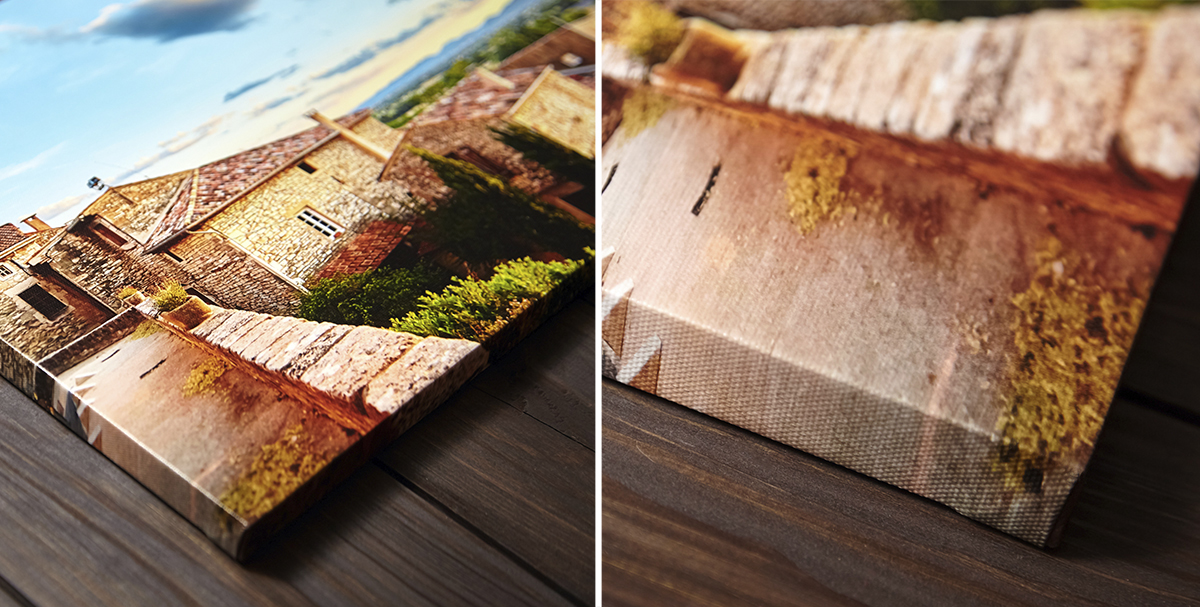Canvas photo print on brown wooden background. Side view of colorful photography with gallery wrap. Photo printed on glossy canvas closeup